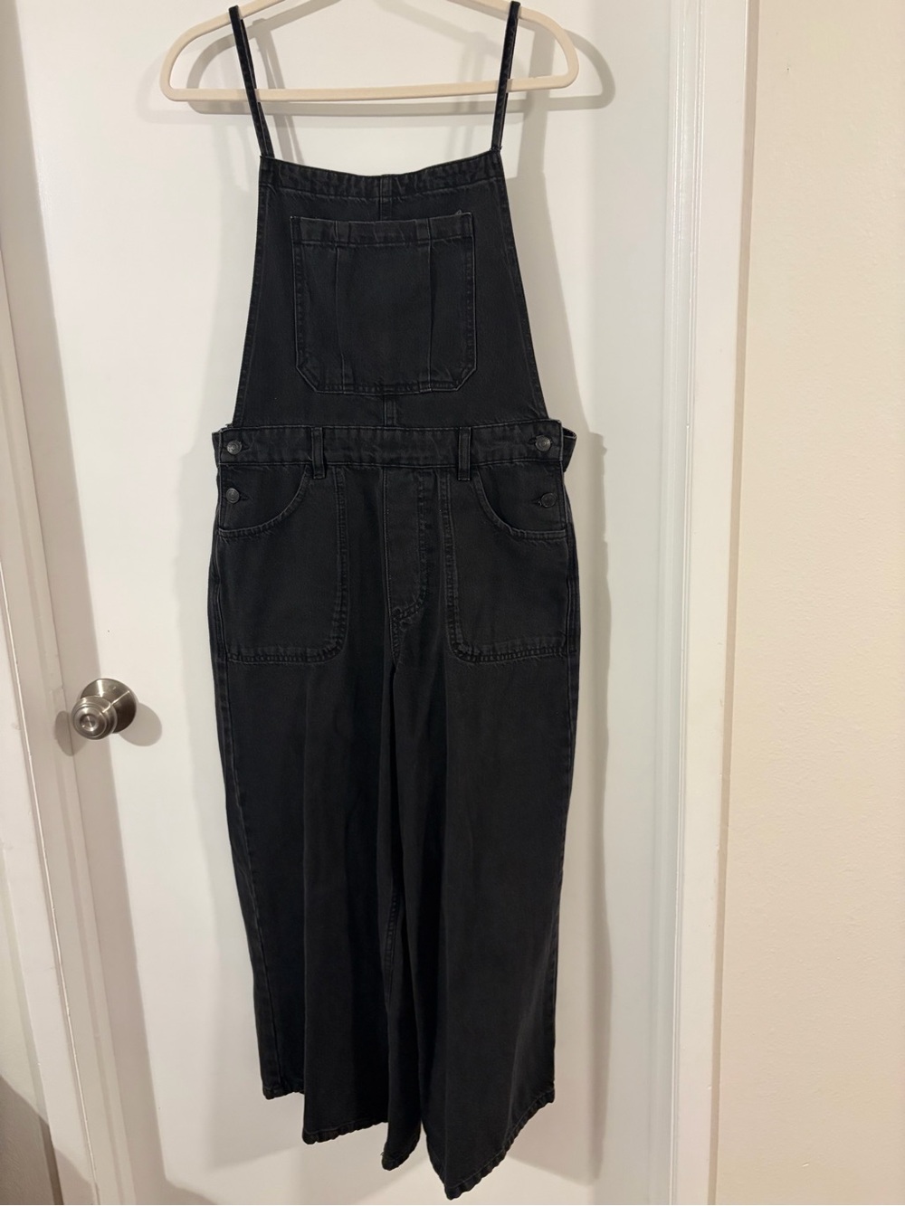 We The Free Black Wide-Leg Denim Overalls with Front Bib Pocket